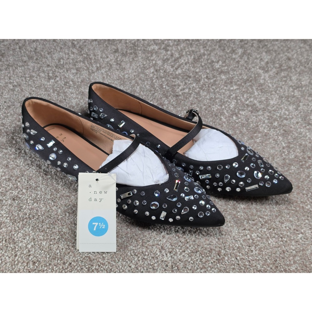 A New Day Gabriella Black Satin Rhinestone Mary Jane Pointed Toe Flats 7.5 NEW